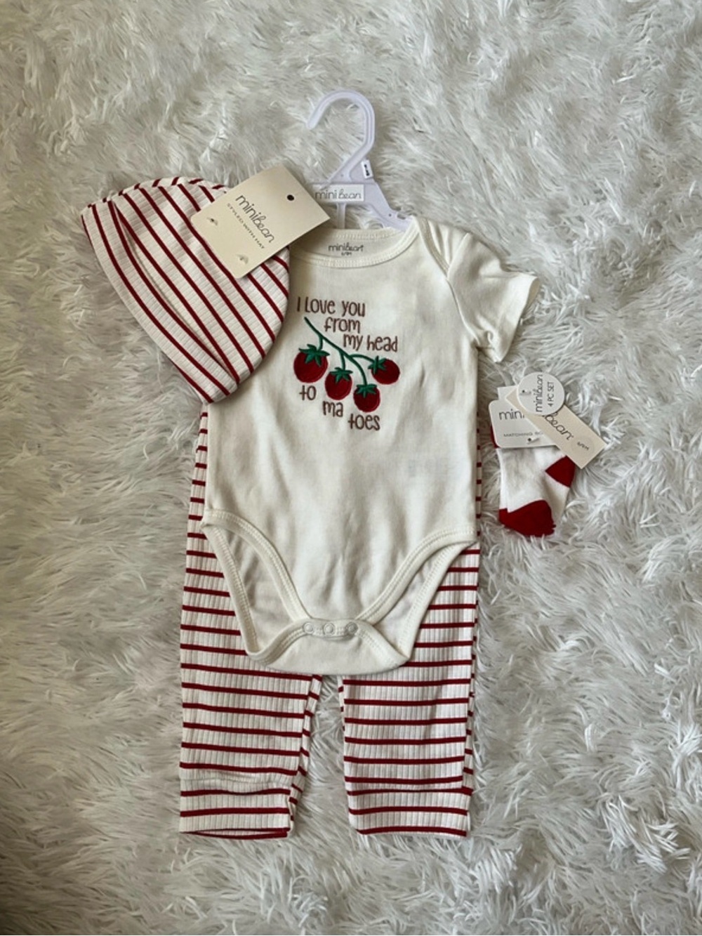 Mini Bean White & Red Stripe Top Bottom Beanie and Socks Set for Babies 4pc